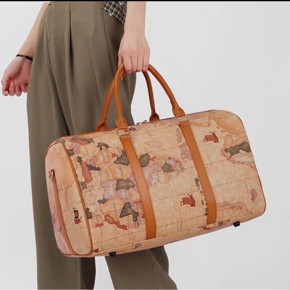 NWT Travel Bag Neoprene Map Print W/Double Handles & Adjustable Strap 19x14x10